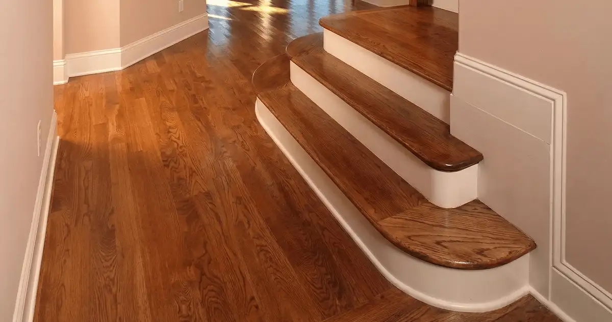 Base floor of a staircase with professionally restored wood flooring in Hollywood FL
