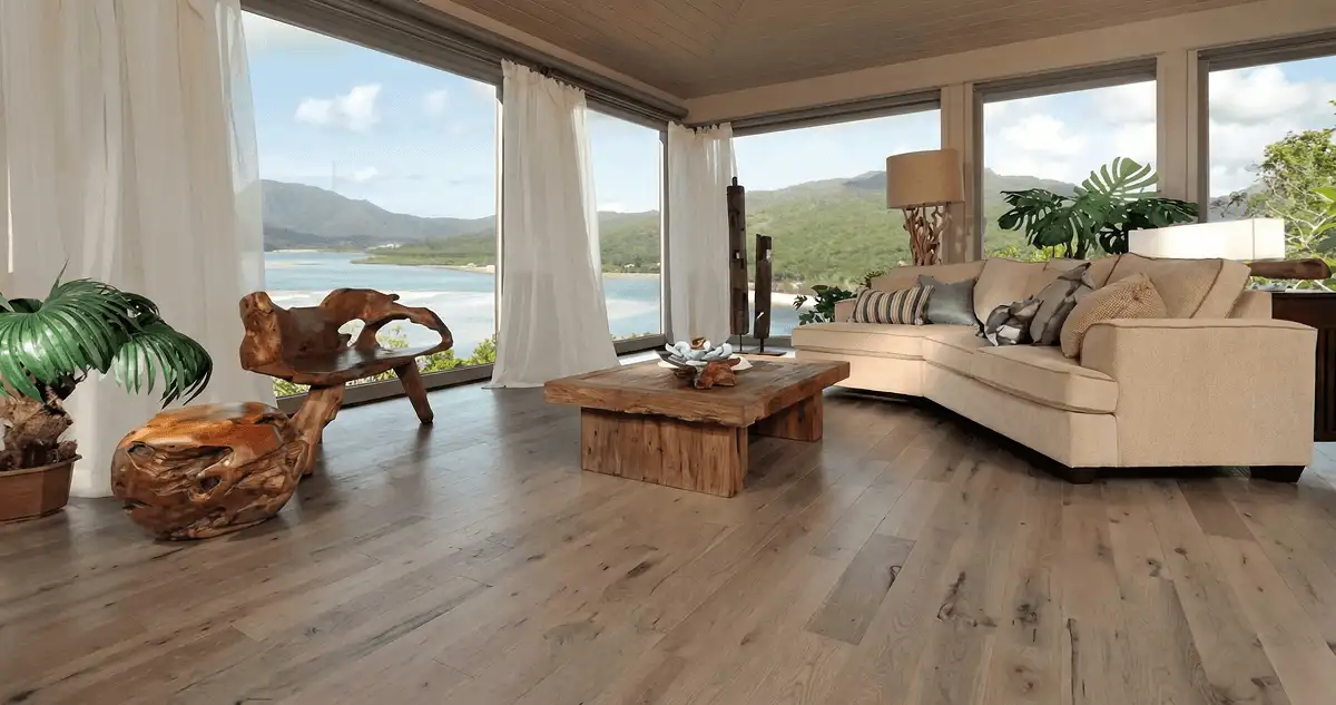 Professionally installed vinyl flooring in a modern living room with large windows in Hollywood, FL